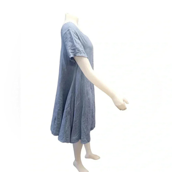 Angela Mara 100% Linen Blue Short Sleeve Asymmetrical Midi Dress Size Large - Picture 5 of 9